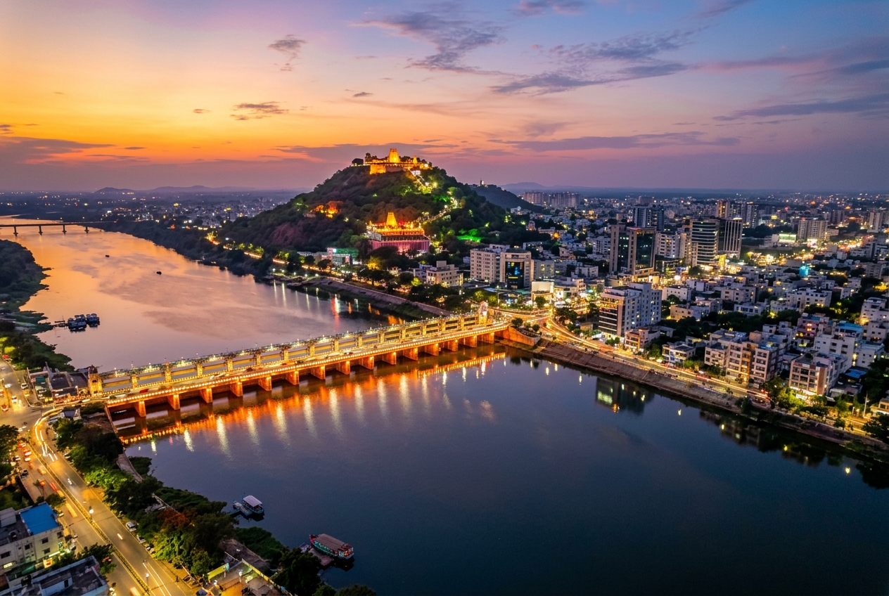 Panoramic aerial view of Vijayawada showing Prakasam Barrage illuminated across Krishna River, Indrakeeladri hill with Kanaka Durga temple, and the commercial skyline