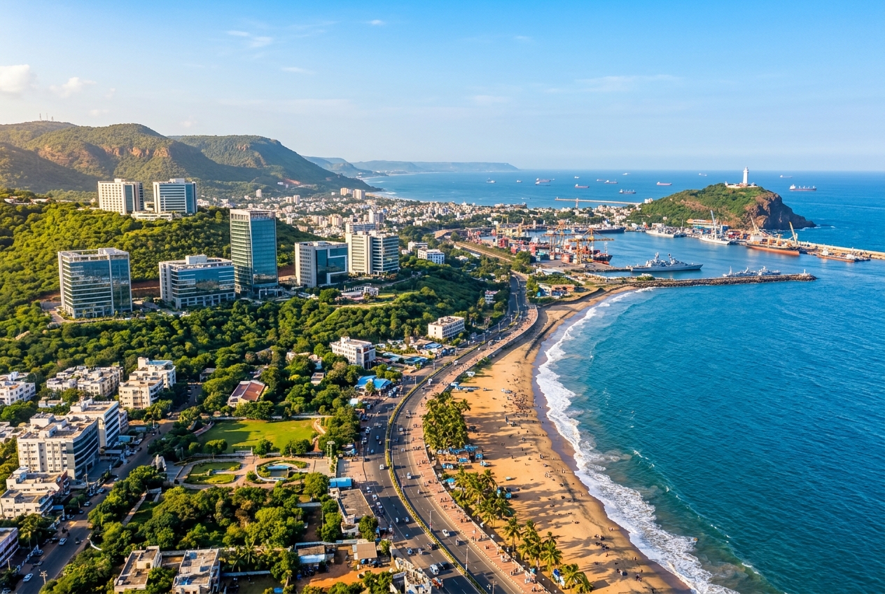 Panoramic view of Visakhapatnam showing Dolphin's Nose, Visakhapatnam Port harbor, Beach Road coastline and Rushikonda IT towers